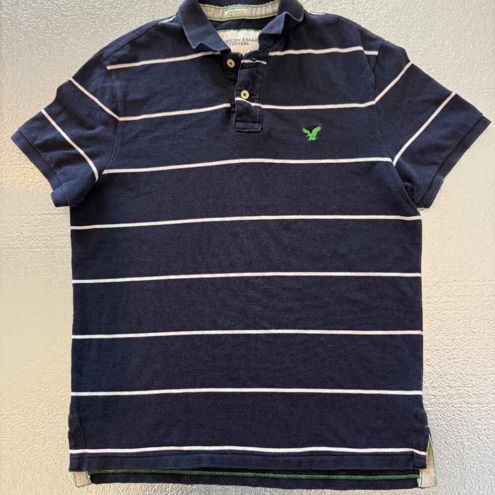 American‎ Eagle Mens Polo Athletic Fit Size Large Striped Navy Blue Short Sleeve